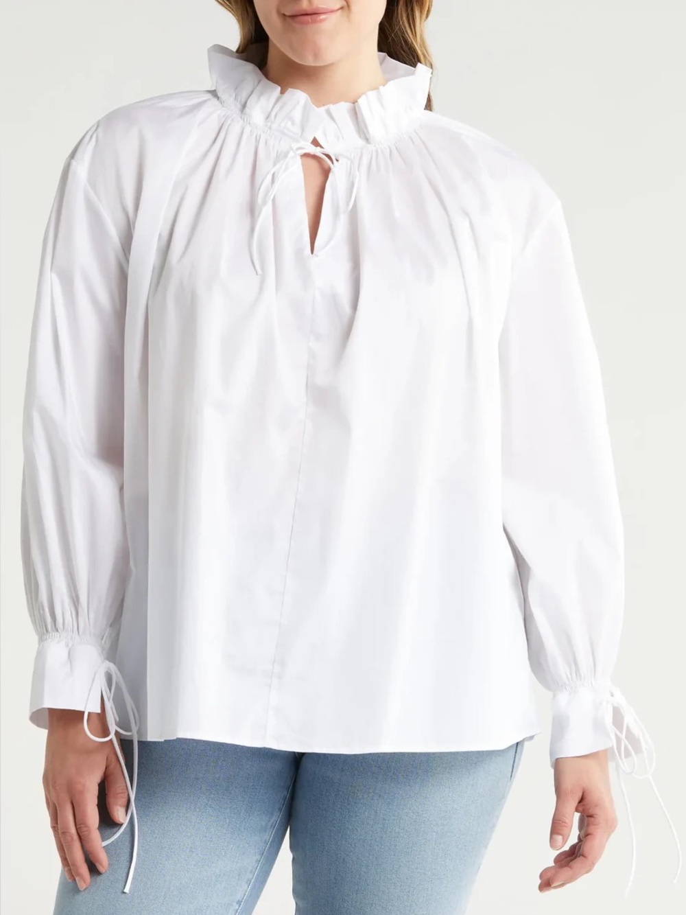 Harshman || Audrey Popover Ruffle Top Blouse High‎ Neck Cotton White 1X NWT